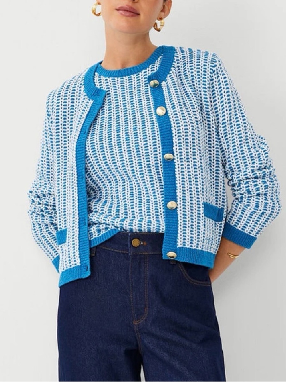 Ann Taylor Blue and White Textured Knit Cardigan Set